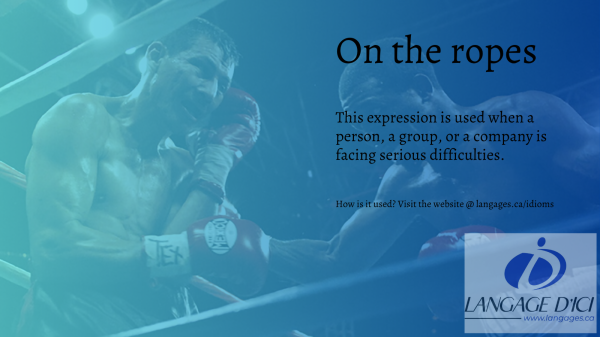 Boxer épuisé, acculé contre les cordes du ring, illustrant l'expression 'on the ropes'.